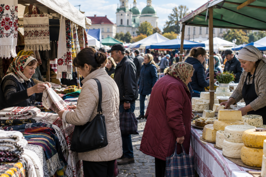 люди купують текстиль та сири на місцевому ринку, українські виробники продають свої товари