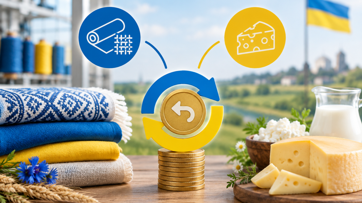 інфографіка підтримки місцевих галузей — текстиль і сири на тлі українських кольорів
