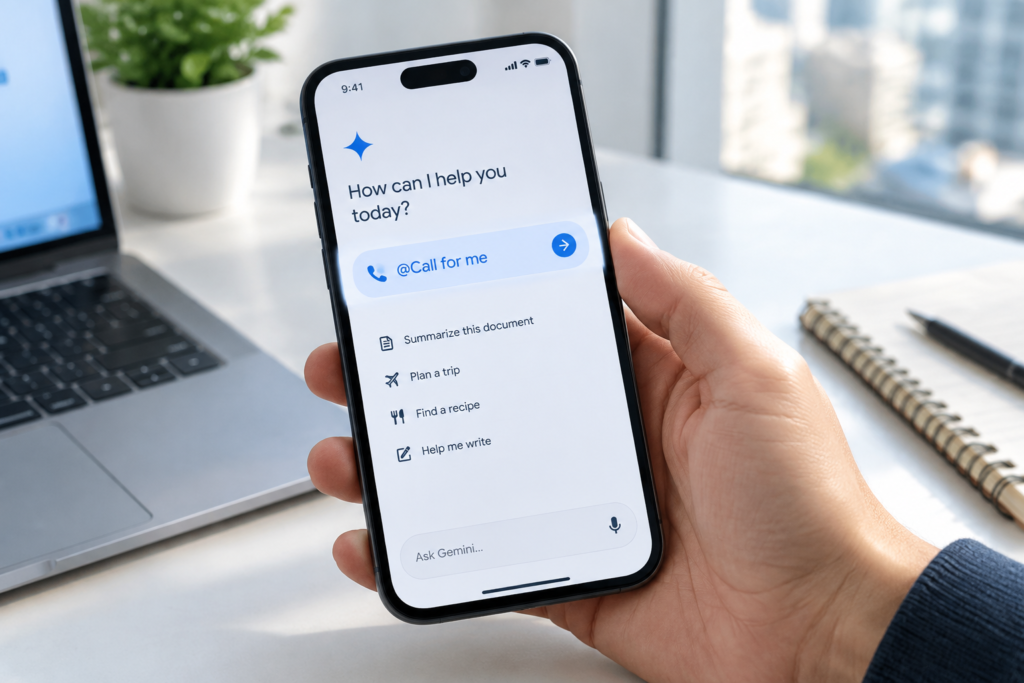 Смартфон із застосунком Gemini і підсвіченою командою @Call for me
