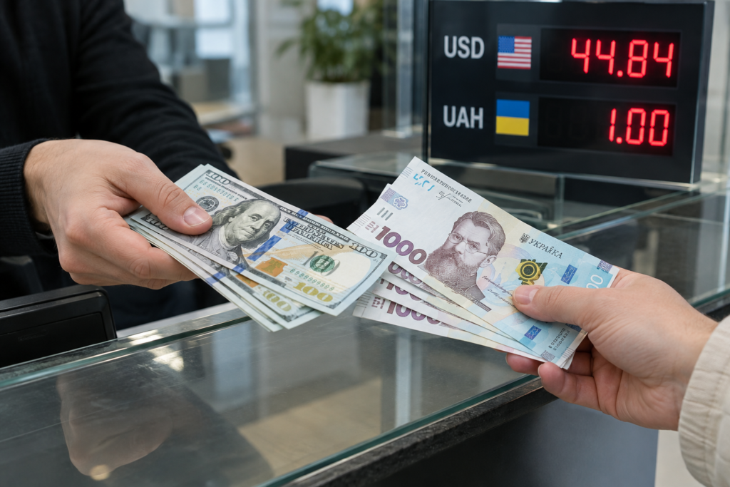 Обмін готівки гривні та долара на тлі табло з курсом 44,84 грн/$
