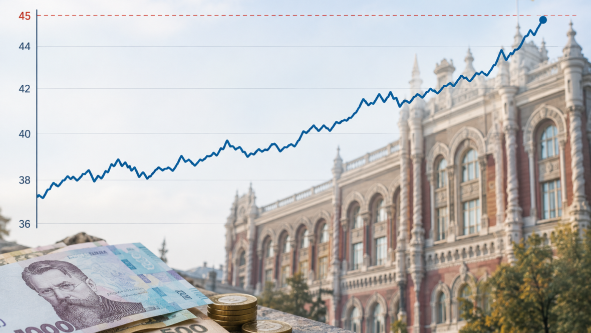 Графік курсу гривні біля позначки 45 грн/$ на тлі будівлі НБУ