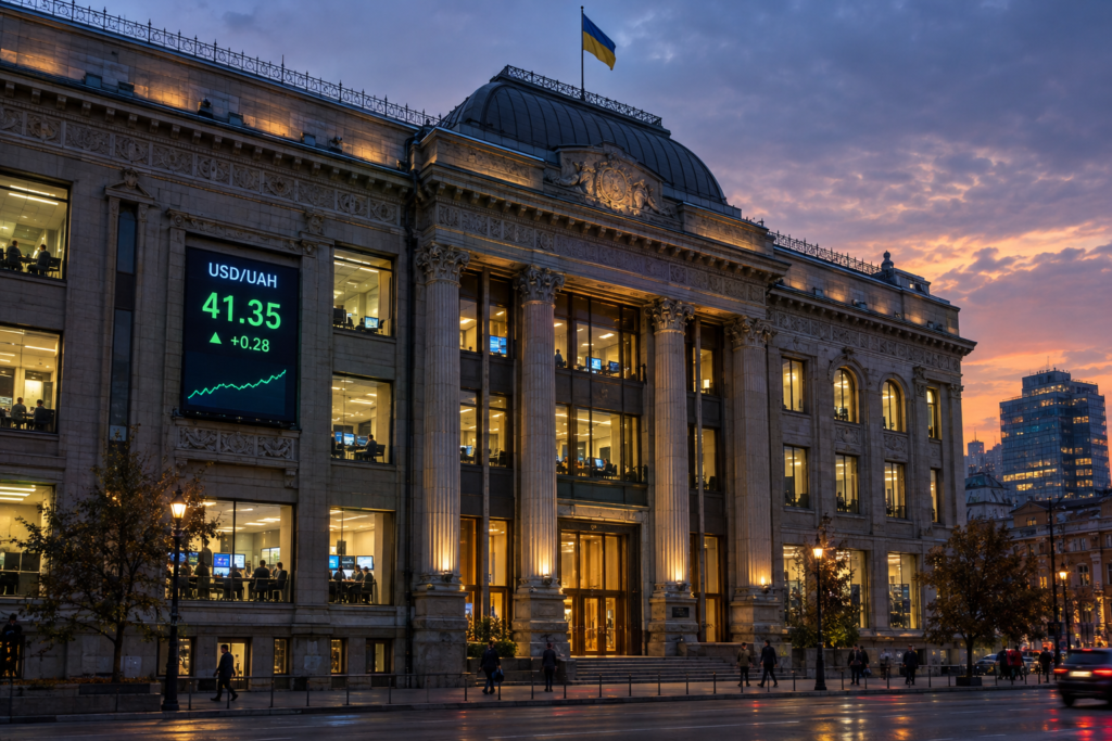 Будівля Національного банку і електронна табло з курсом долара