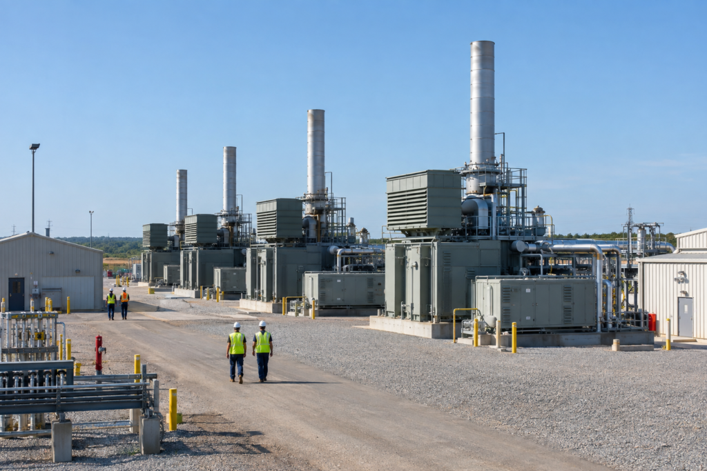 Газопоршнева електростанція на майданчику з генераторами і сервісними будівлями