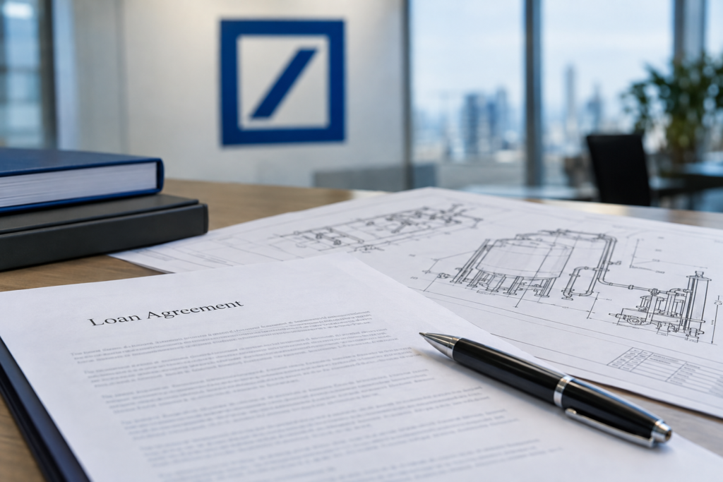 Документи по кредиту і логотип Deutsche Bank на тлі схем обладнання