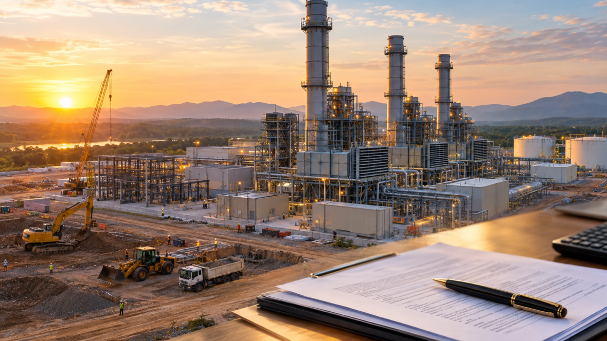 Газопоршнева станція на тлі документів кредиту як символ фінансування