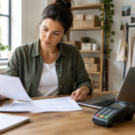 Підприємець за столом з документами та платіжним терміналом
