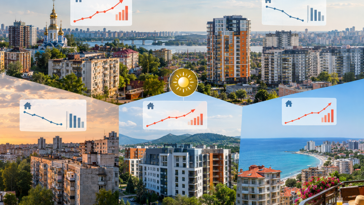 панорама житлових будинків в різних регіонах України з графіками змін орендних цін