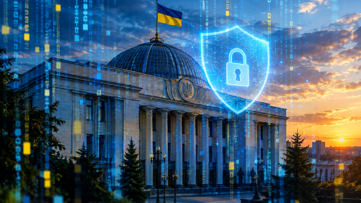 Будівля уряду з цифровою матрицею й іконкою щита, вечірнє світло, кольори українського прапора