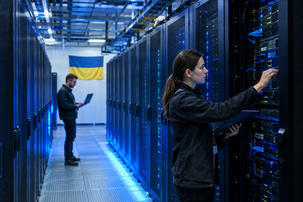 Інтер'єр сучасного дата-центру зі стійками серверів та інженерами, український контекст