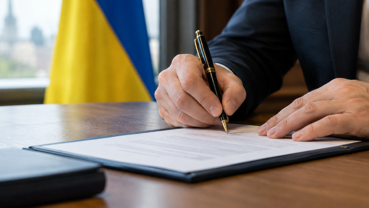Руки підписують угоду про державний кредит на тлі українського прапора