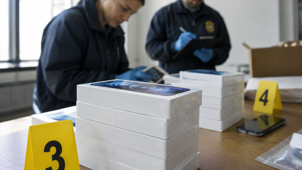 Крупний план коробок із «новими» телефонами на тлі слідчих та бирок як доказів