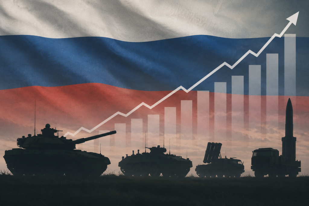 Графік зростання витрат на тлі силуетів військової техніки і прапора Росії