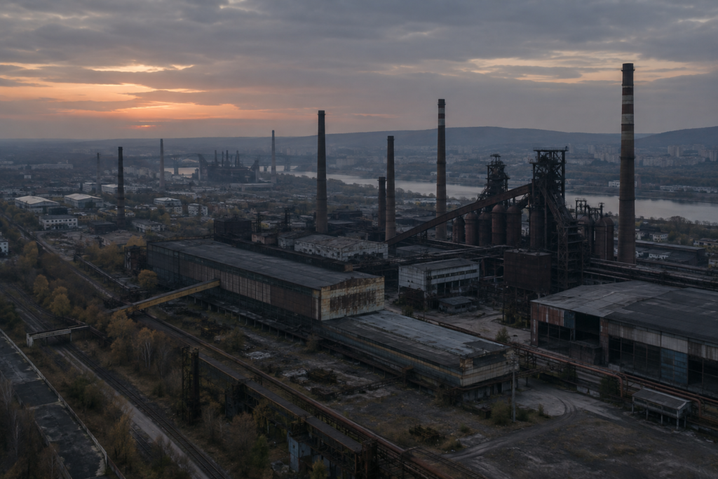 Аерозйомка індустріального міста з простоєм заводів у сутінках