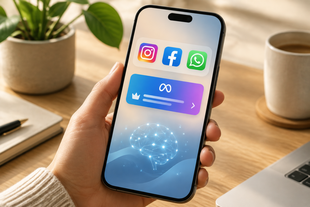 екран смартфона з іконками Instagram Facebook і WhatsApp та банером підписки Meta One українською