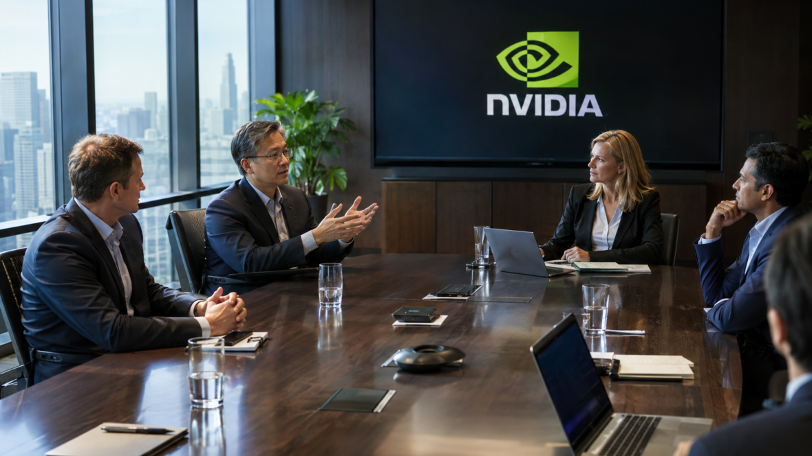 Засідання ради директорів Nvidia на фоні логотипу компанії