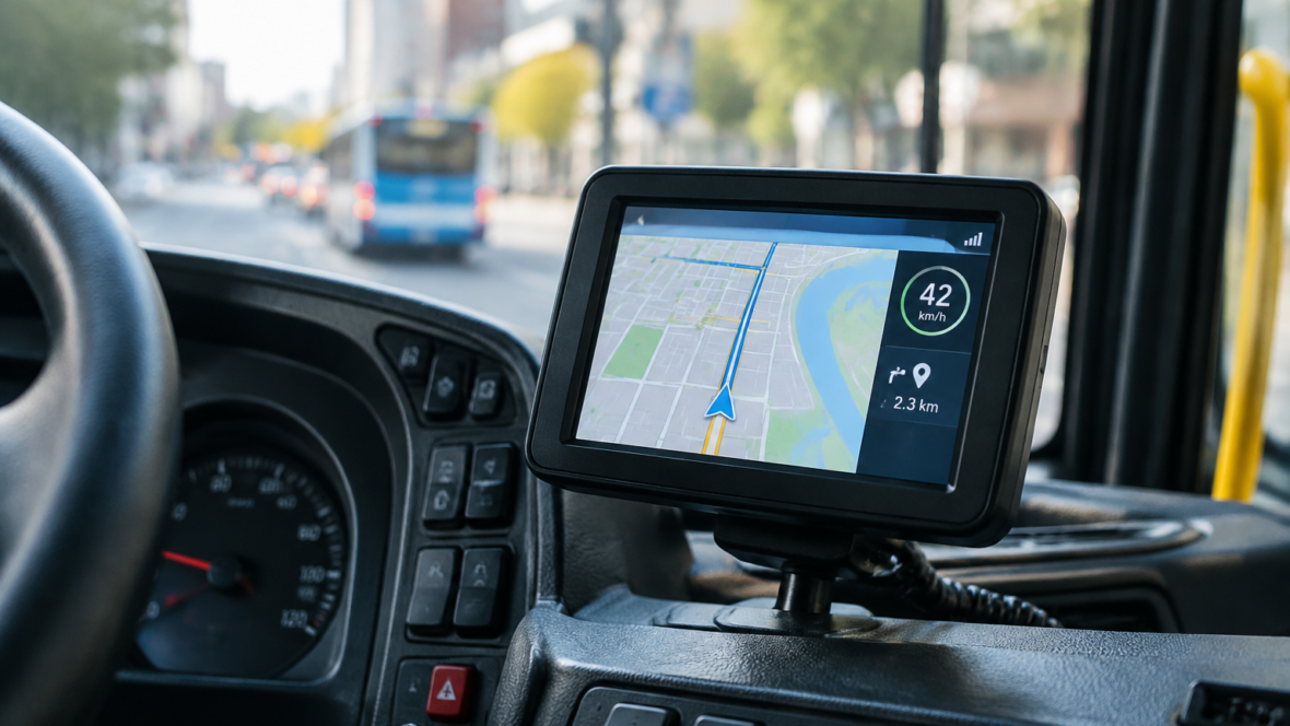 Панель управління автобуса з екраном GPS і показниками руху