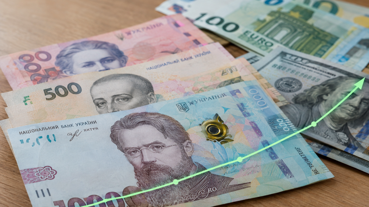 Купюри гривні на фоні євро і долара з графіком зростання