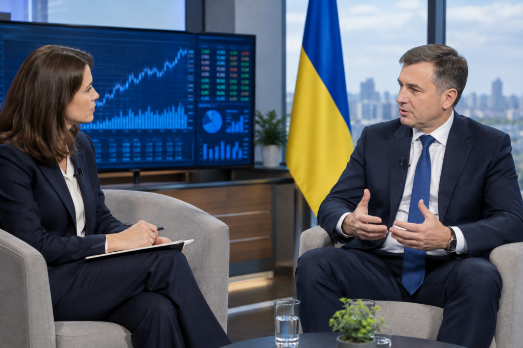 Журналіст бере інтервʼю у банкіра на фоні графіків і прапора України