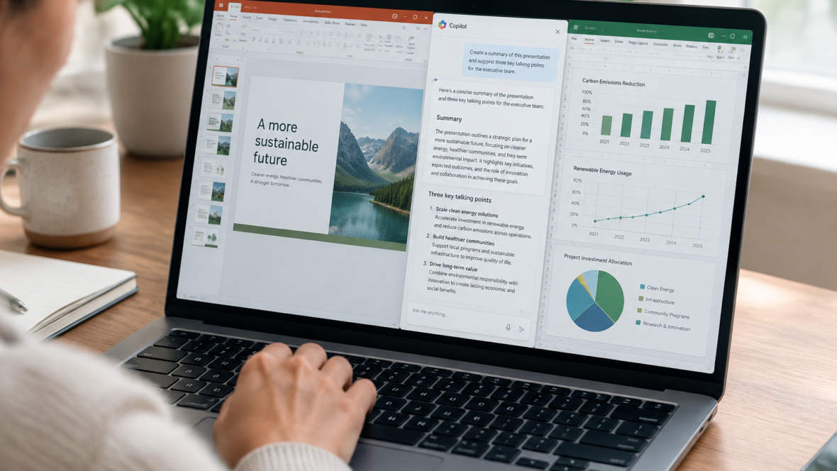 Користувач взаємодіє з Microsoft Copilot на ноутбуці з відкритою презентацією і діаграмами Excel