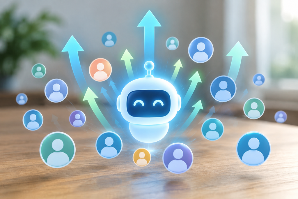 Ілюстрація агента Grok Bot у вигляді світячогося значка серед стріл вгору і абстрактних аватарів користувачів