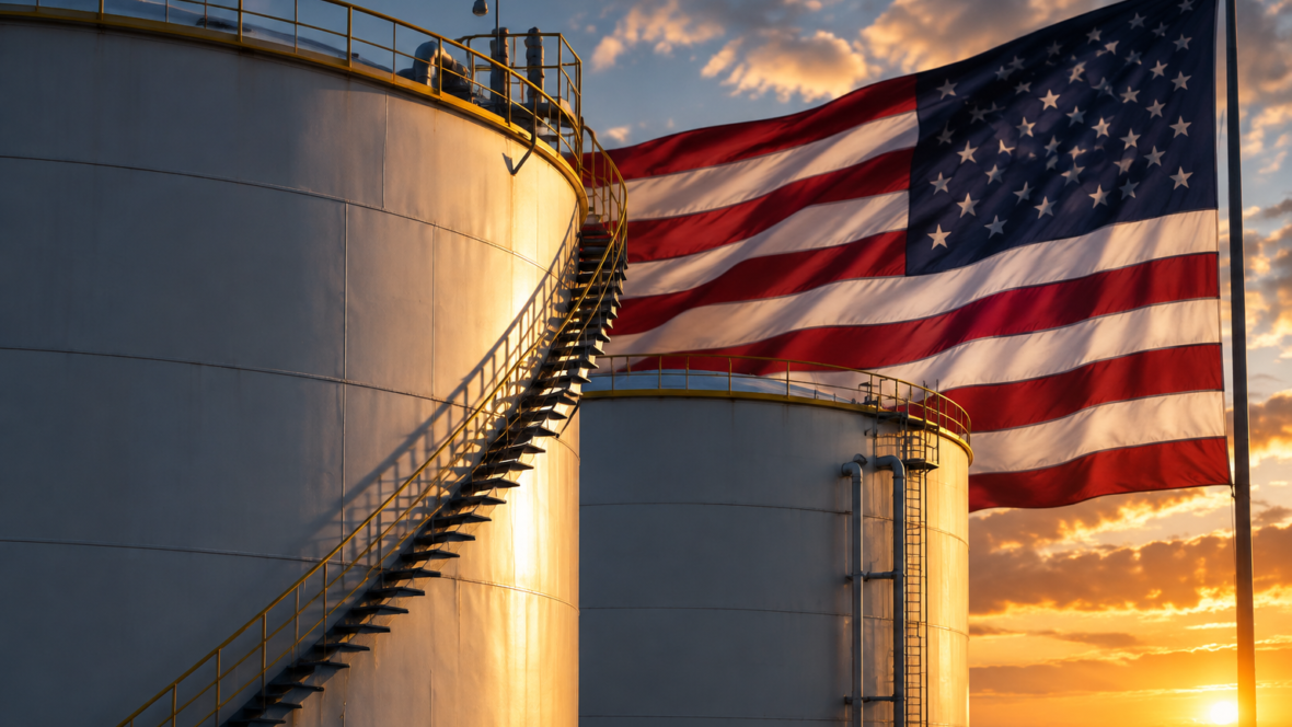 Крупний план великих резервуарів нафти на тлі прапора США