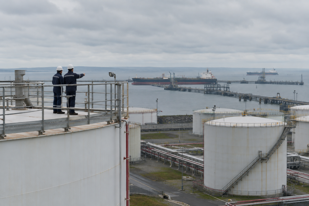 Працівники оглядають резервуари нафтосховища на тлі терміналу під похмурим небом