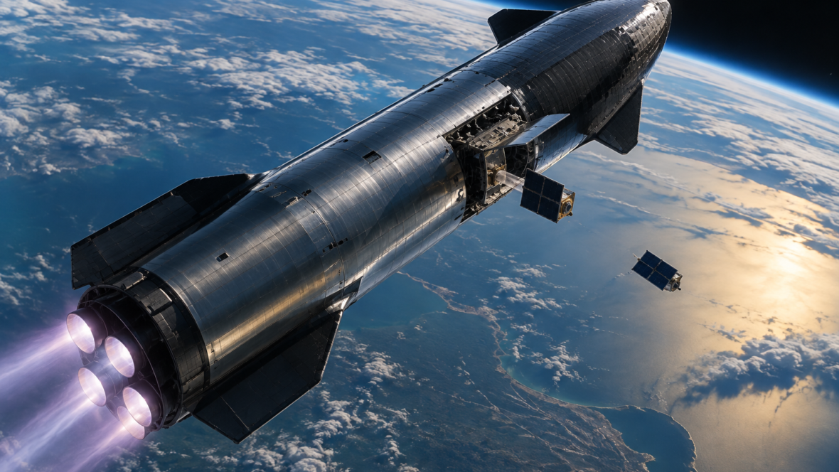 Starship на орбіті на тлі Землі під час розгортання супутників