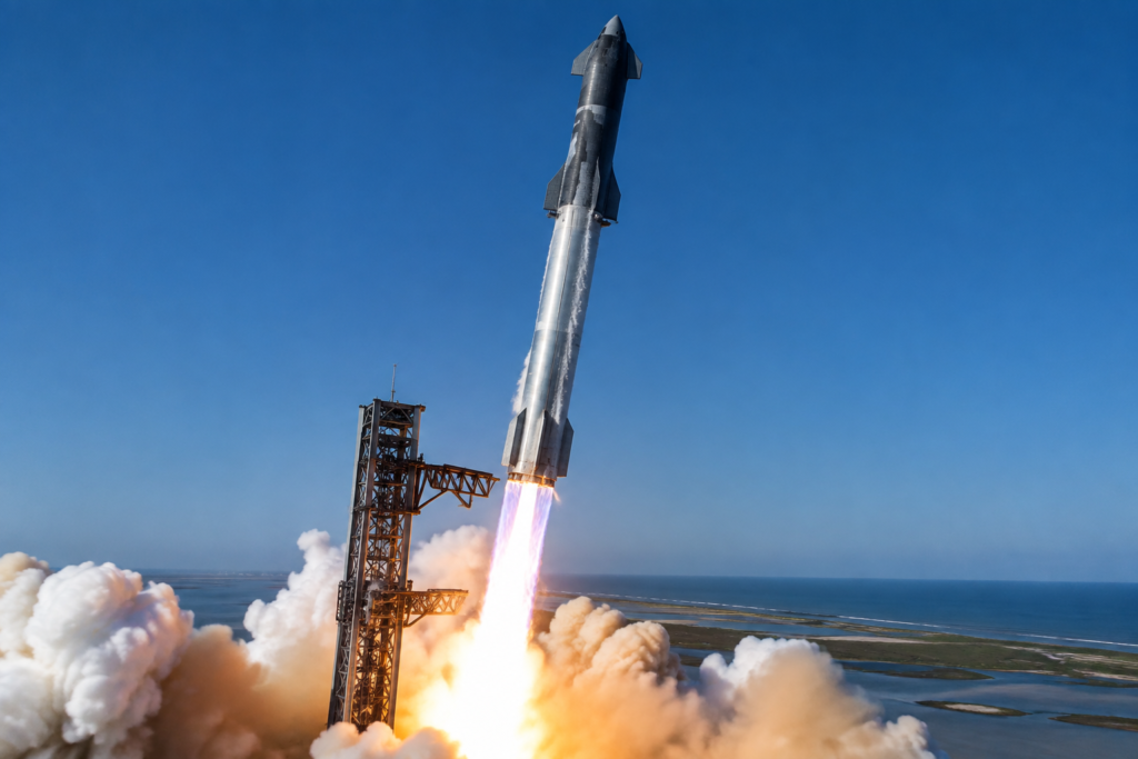 Ракета Starship під час старту на хвилі полум'я та диму