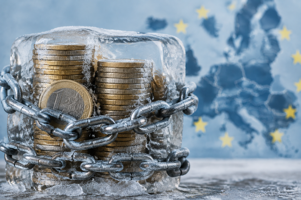 Символічне зображення заморожених активів у євро на тлі карти Європи