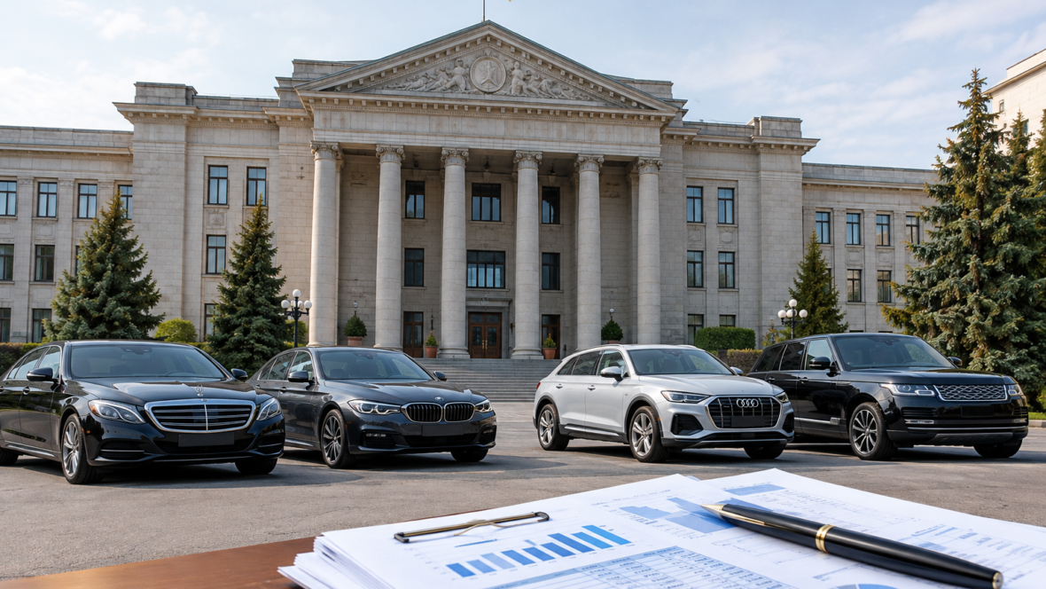 Фасад місцевої адміністрації та елітні автомобілі на передньому плані на тлі фінансових документів