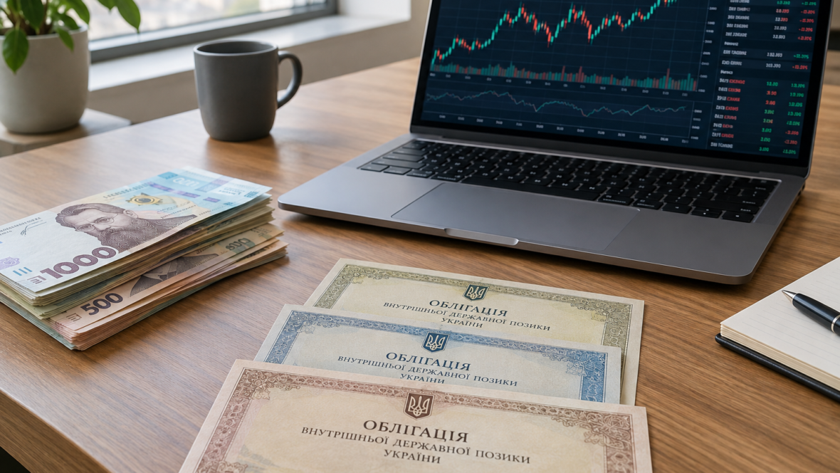 Гривні поруч з ОВДП і графіком на екрані ноутбука