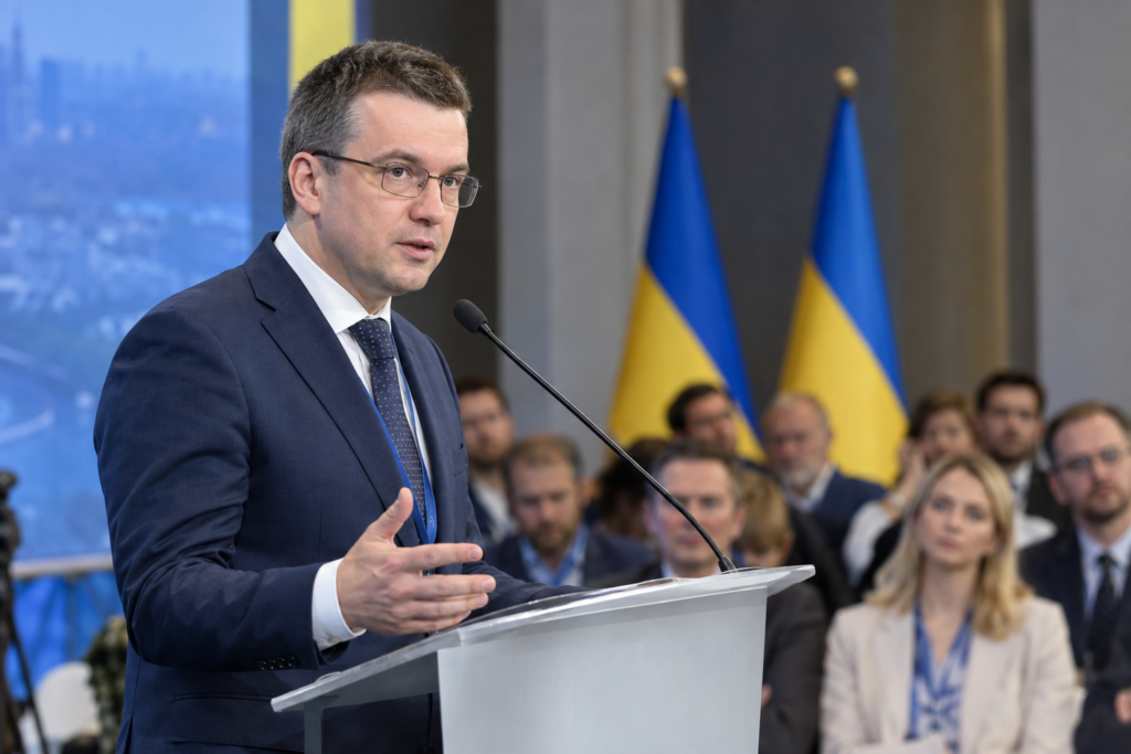 Голова податкового комітету Данило Гетманцев під час форуму, напівфігурне фото