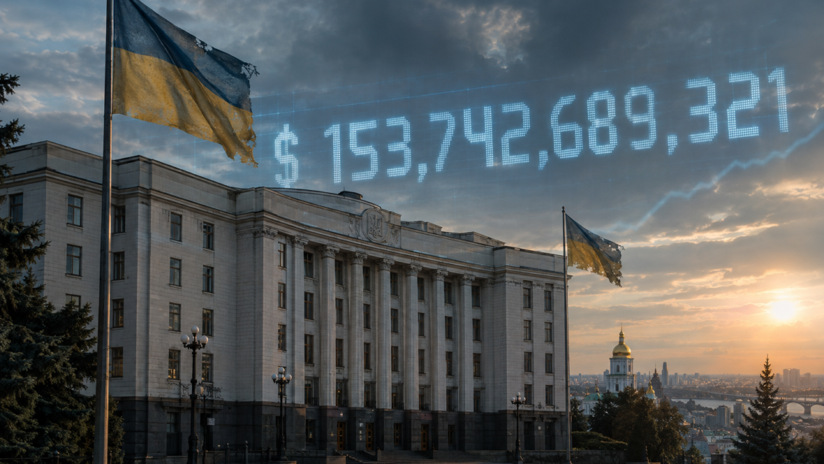 Урядова будівля в Києві з накладеними цифрами державного боргу