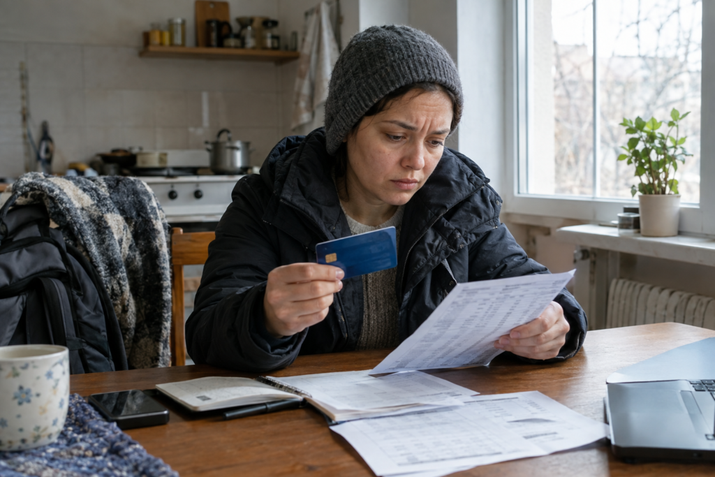 переселенець дивиться історію транзакцій на банківській картці, документи на столі