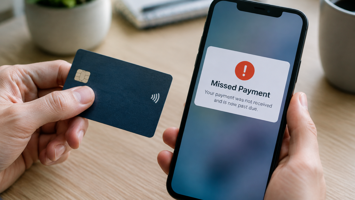 банківська картка і смартфон із повідомленням про неплатіж