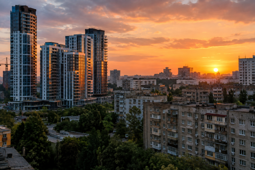 Міський пейзаж з новобудовами та старими будинками