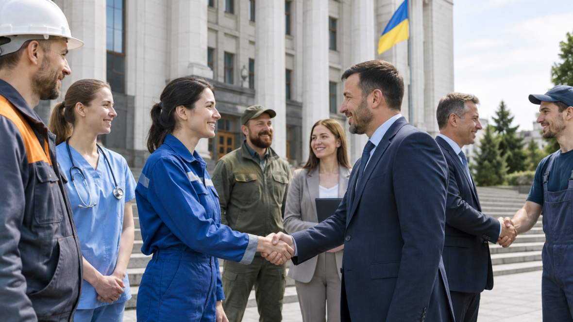 Різні працівники та роботодавці тиснуть руки перед державною будівлею