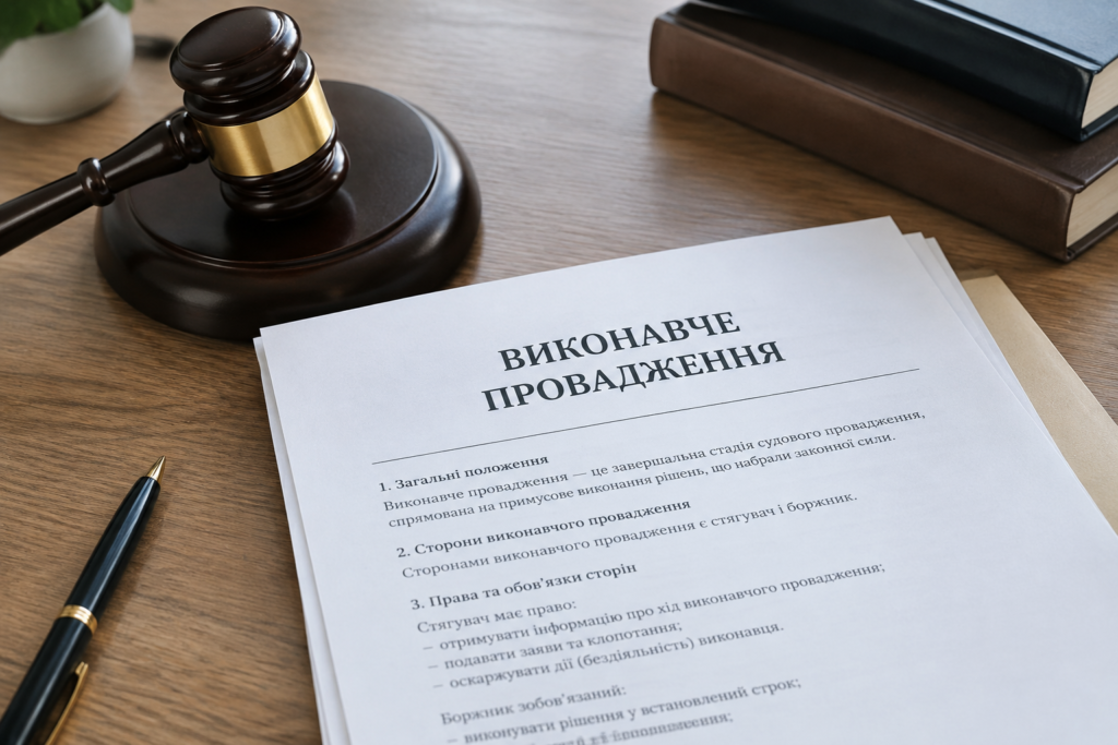 збільшений план юридичних документів та молотка, на аркуші видно згадку про виконавче провадження українською