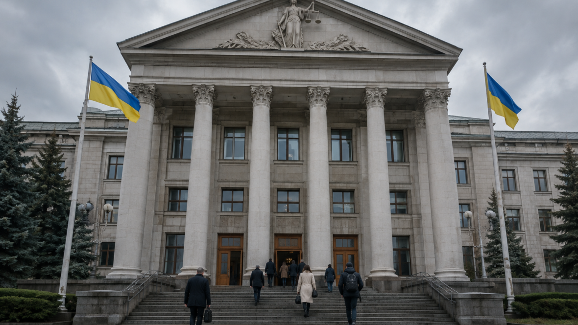 фасад суду з людьми на вході та українським прапором