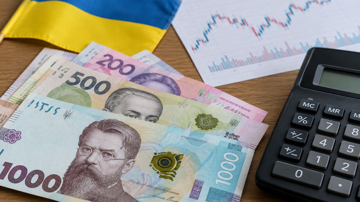 Гривневі купюри поруч з калькулятором та прапорцем України