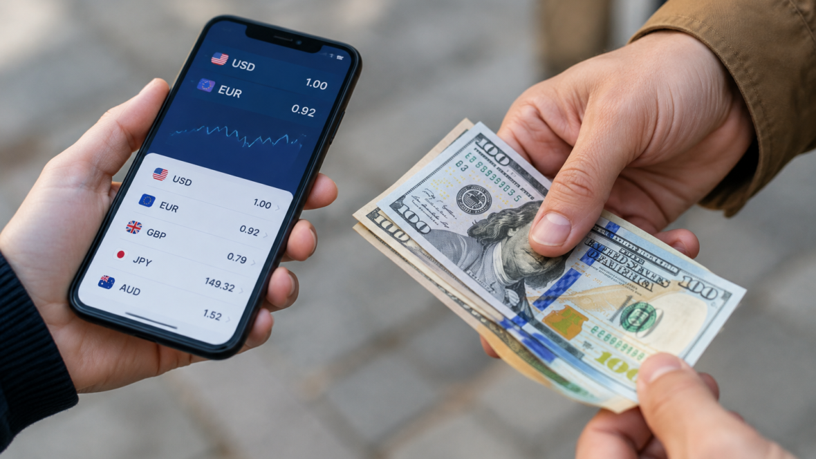 Руки обмінюють готівку біля смартфона з додатком курсу валют