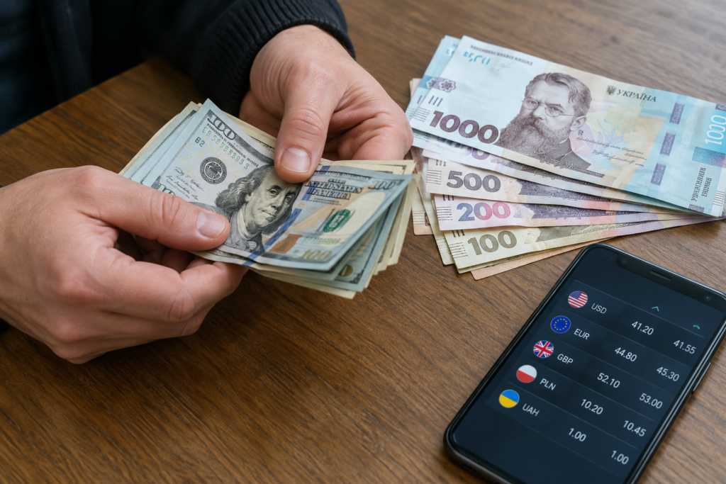 Руки рахуяь долари поруч з гривнями і телефоном з курсом