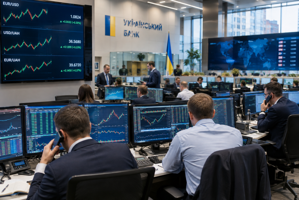 Торговий зал міжбанку з екранами, що показують рухи валют