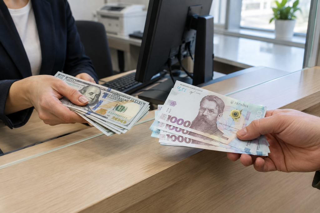 Обмін валют готівкою долари і гривні на столі обмінника