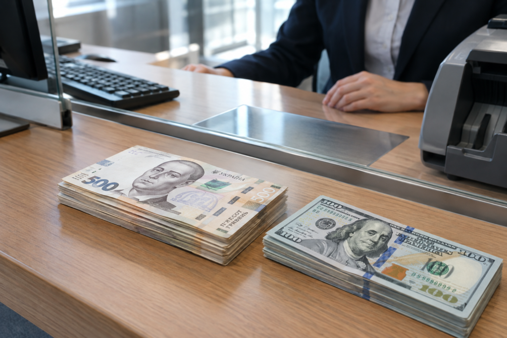Каса для обміну валюти з гривнями та доларами