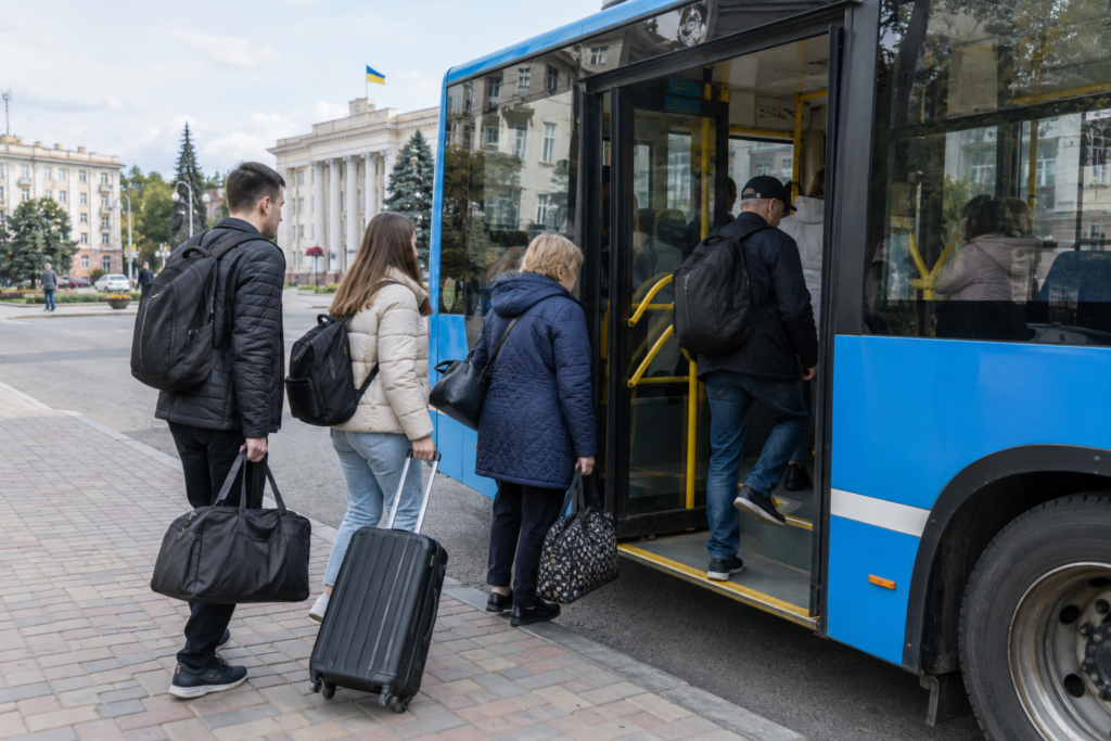 Люди заходять у міський автобус у Кропивницькому, денна міська сцена