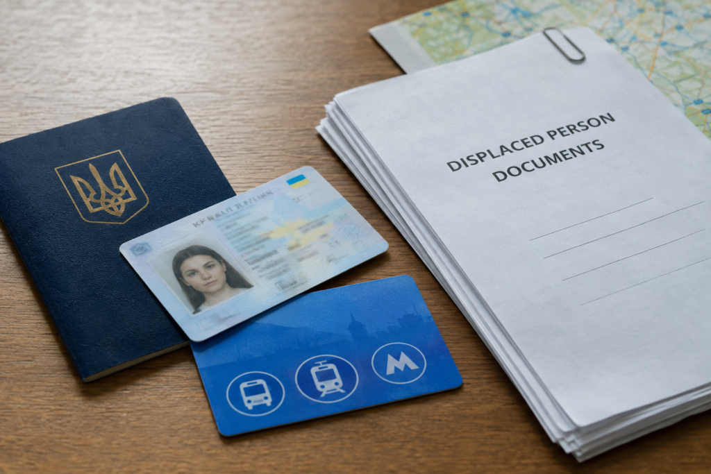 Документи внутрішньо переміщеної особи та транспортна картка на столі