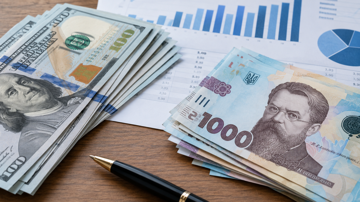 купюри долара та гривні на фінансовому звіті на столі