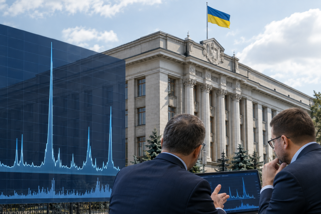будівля центрального банку України з графіком інтервенцій і аналітиками біля входу
