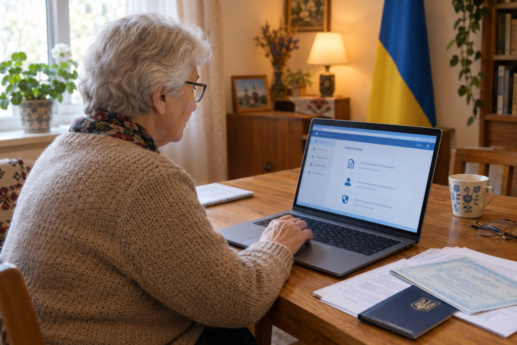 пенсіонер працює з онлайн кабінетом ПФУ за столом